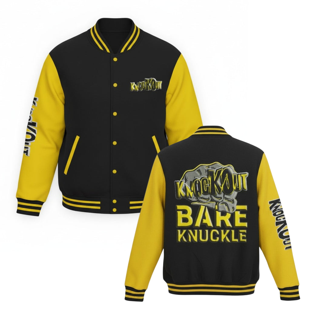 Yellow and Black Bare Knuckle Unisex Heavyweight Letterman Jacket