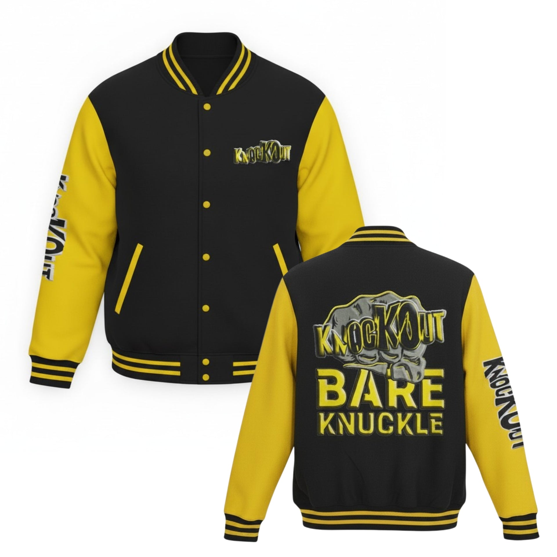 Yellow and Black Bare Knuckle Unisex Heavyweight Letterman Jacket