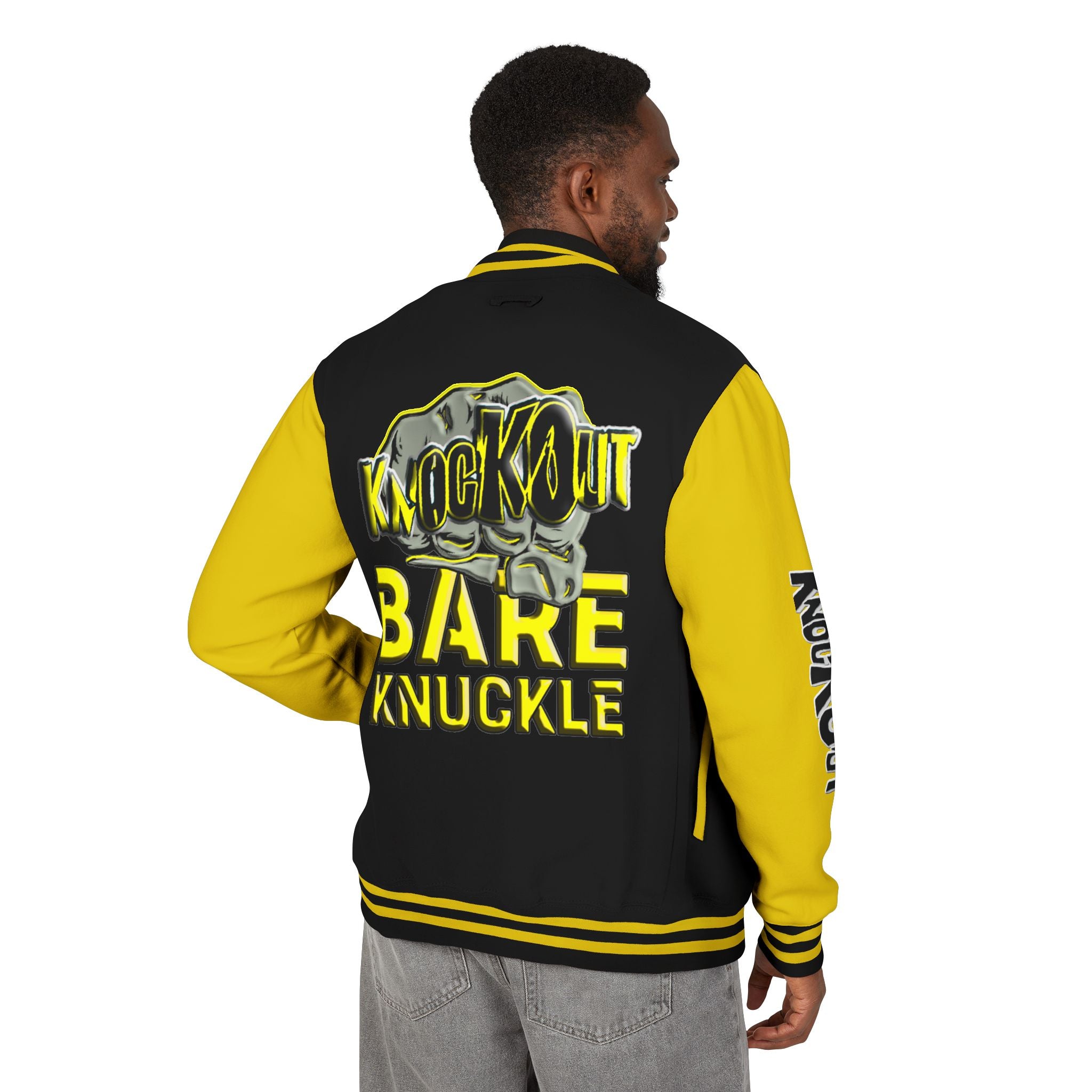 Yellow and Black Bare Knuckle Unisex Heavyweight Letterman Jacket